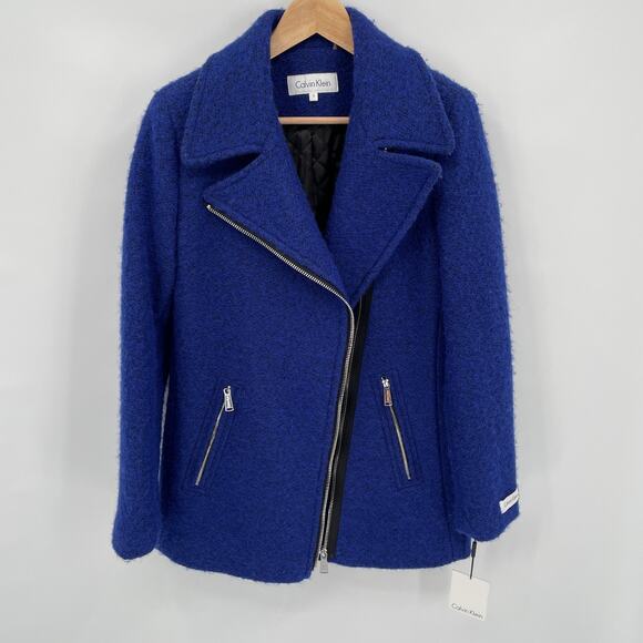 NWT Calvin Klein Blue Asymmetric Zip Wool Jacket // S - Picture 2 of 12